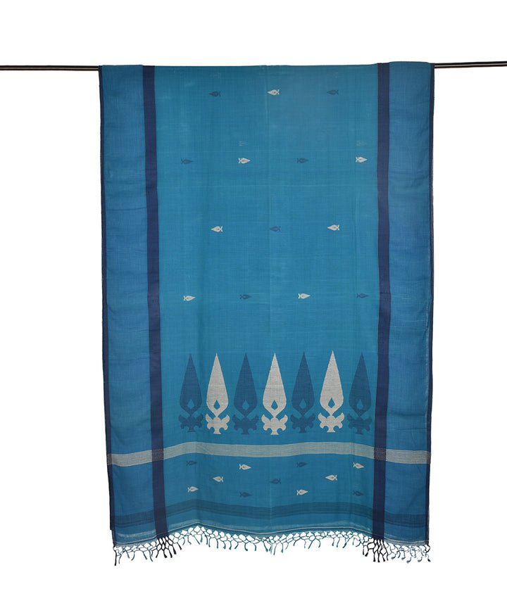 Cyan blue black hand embroidery kantha stitch cotton saree