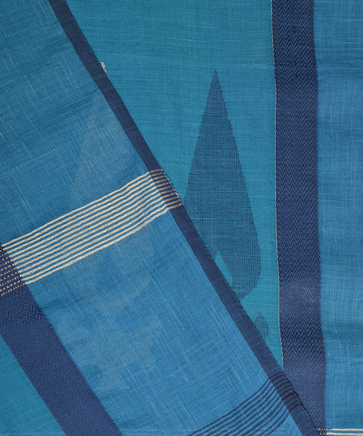 Cyan blue black hand embroidery kantha stitch cotton saree