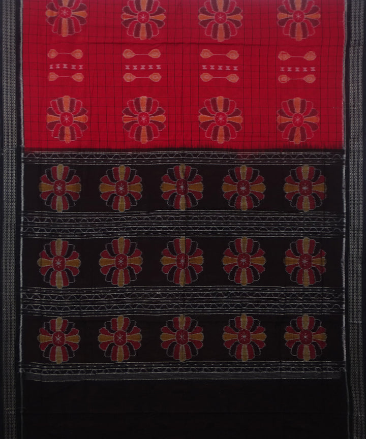 Brick red black handwoven cotton sambalpuri saree
