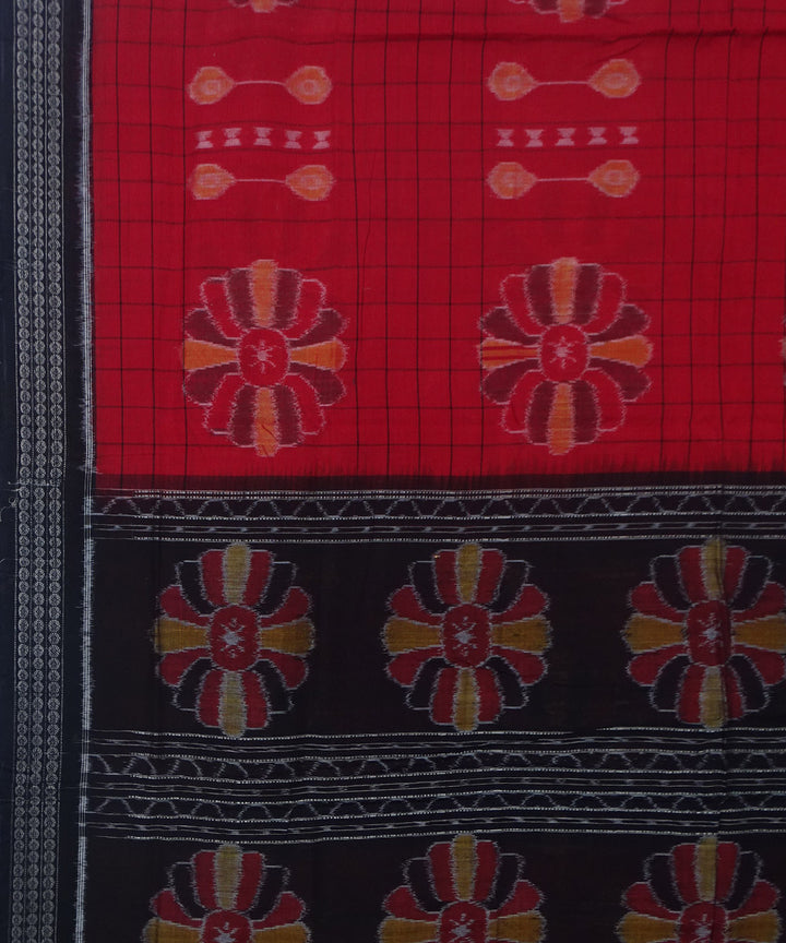 Brick red black handwoven cotton sambalpuri saree