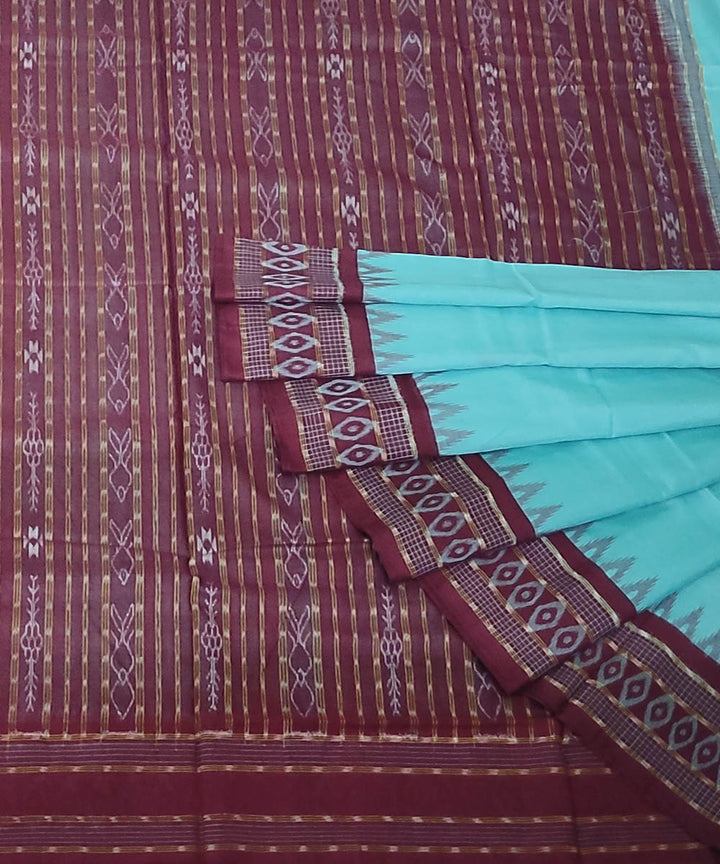 Aqua blue maroon handwoven cotton sambalpuri saree
