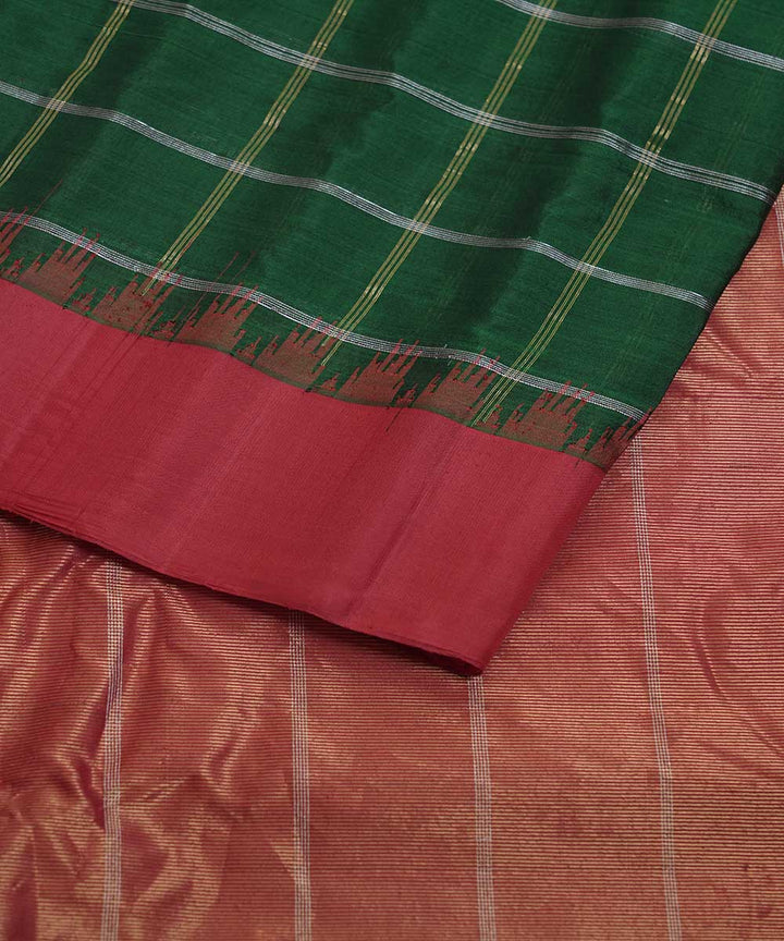 Dark green red handwoven gadwal silk saree