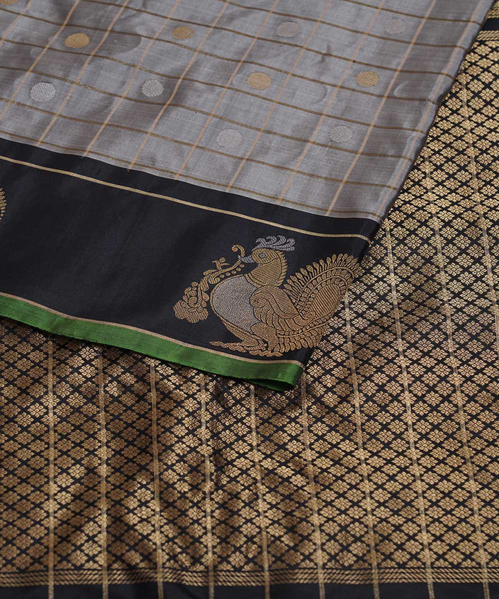Grey black handwoven gadwal silk saree