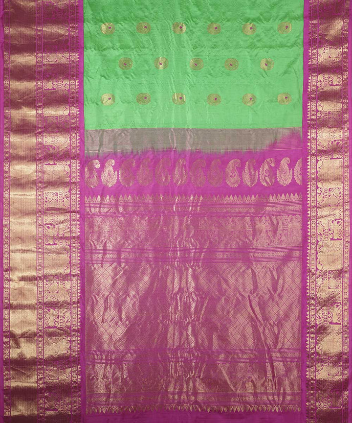 Cyan green pink handwoven gadwal silk saree