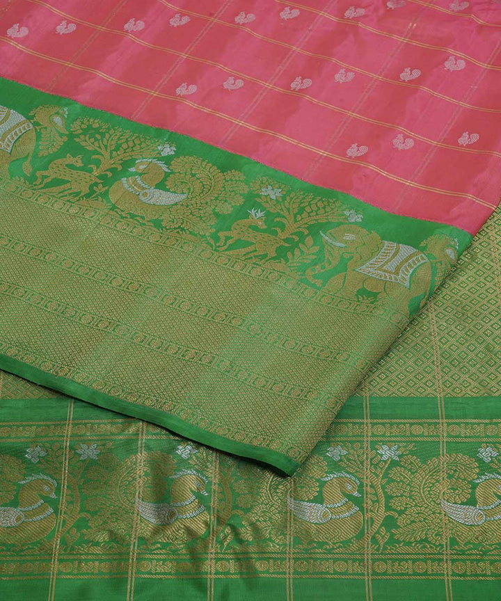 Pink green handwoven gadwal silk saree