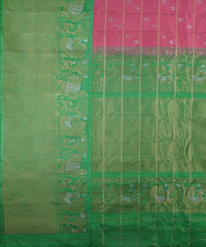 Pink green handwoven gadwal silk saree