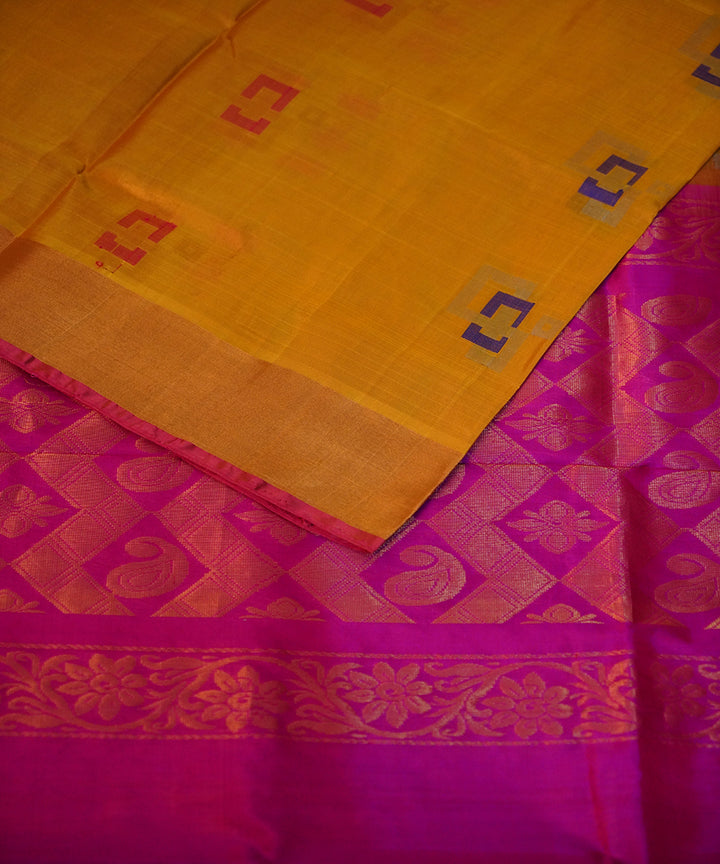 Yellow pink hand woven uppada silk saree