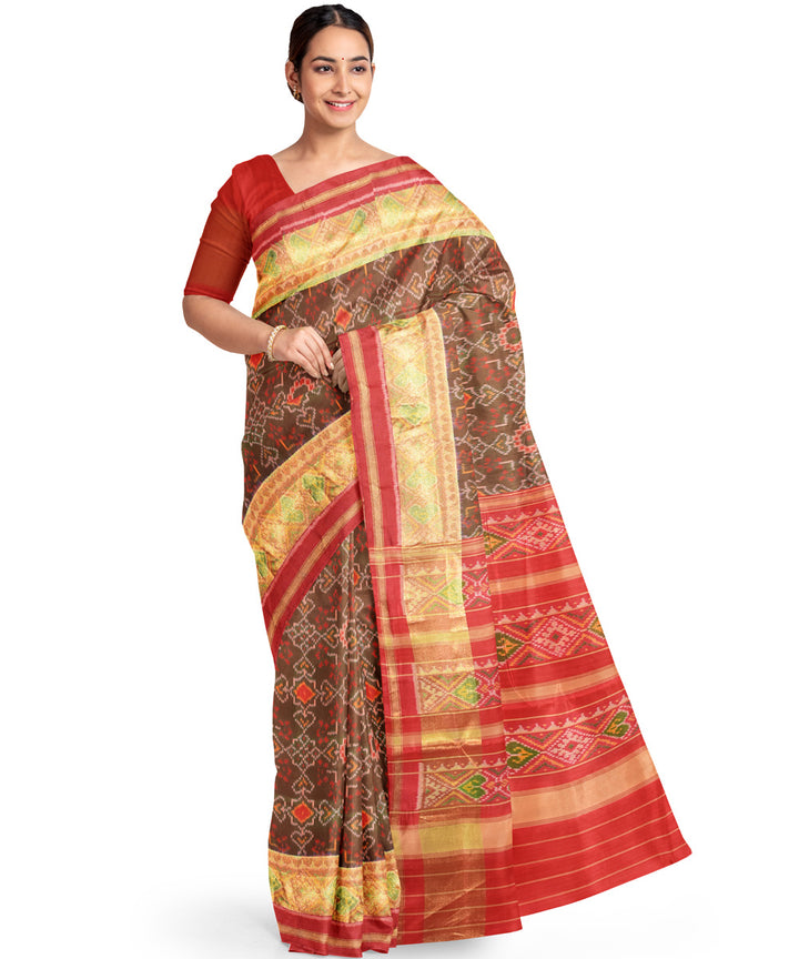 Brown red hand woven patola silk saree