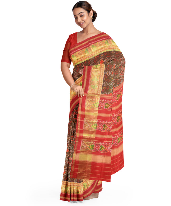 Brown red hand woven patola silk saree