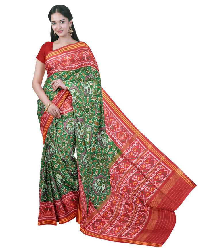 Dark green red handwoven patola silk saree