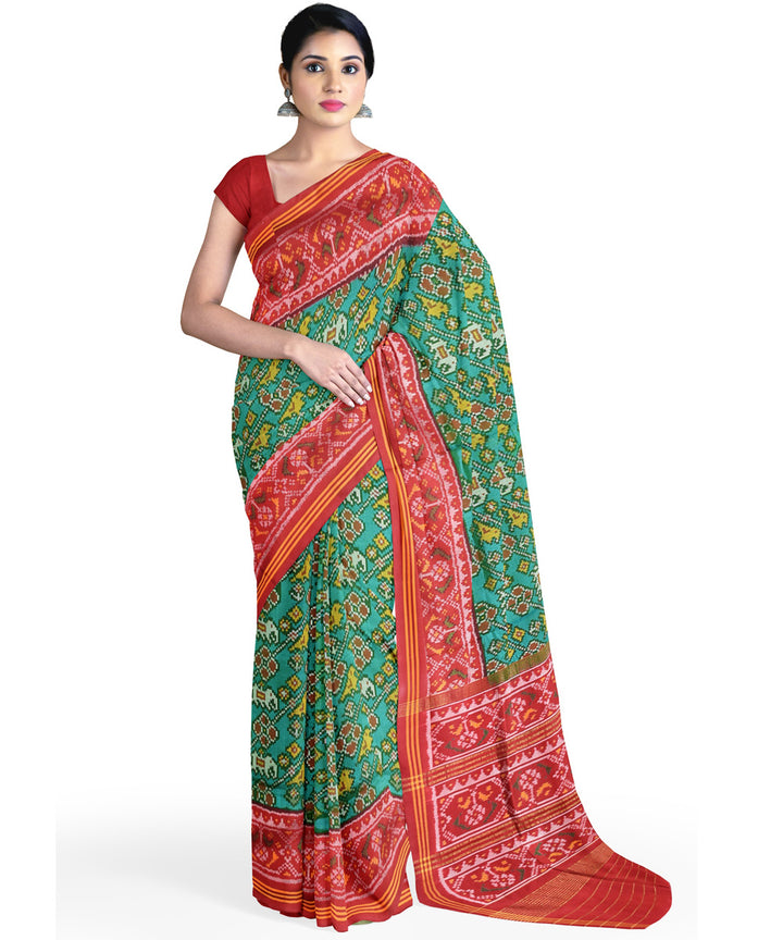 Teal green red handwoven patola silk saree