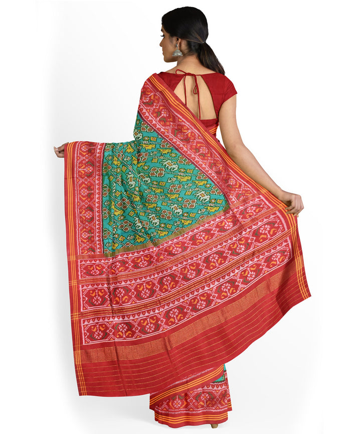 Teal green red handwoven patola silk saree
