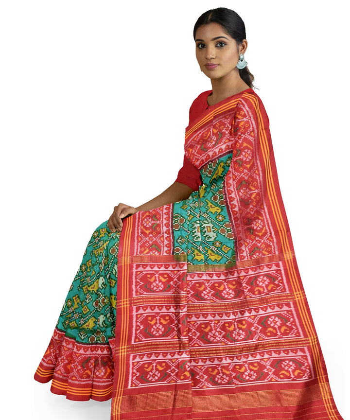 Teal green red handwoven patola silk saree