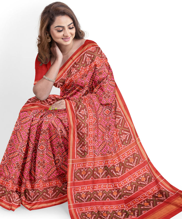 Pink red handwoven patola silk saree