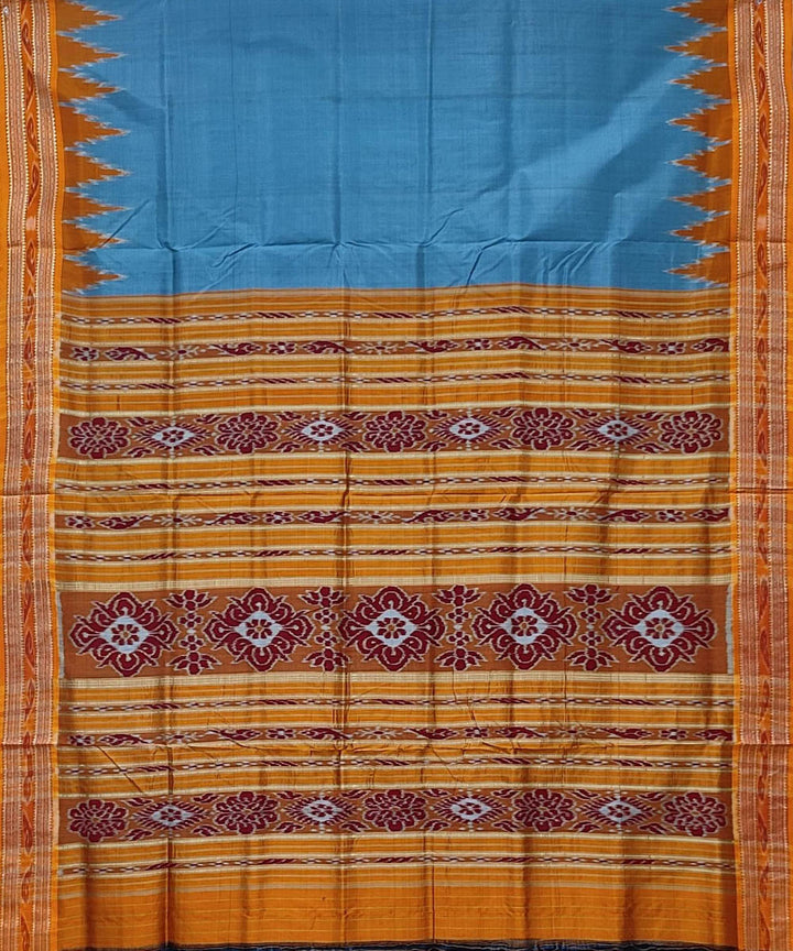 Sky blue orange handwoven khandua silk saree