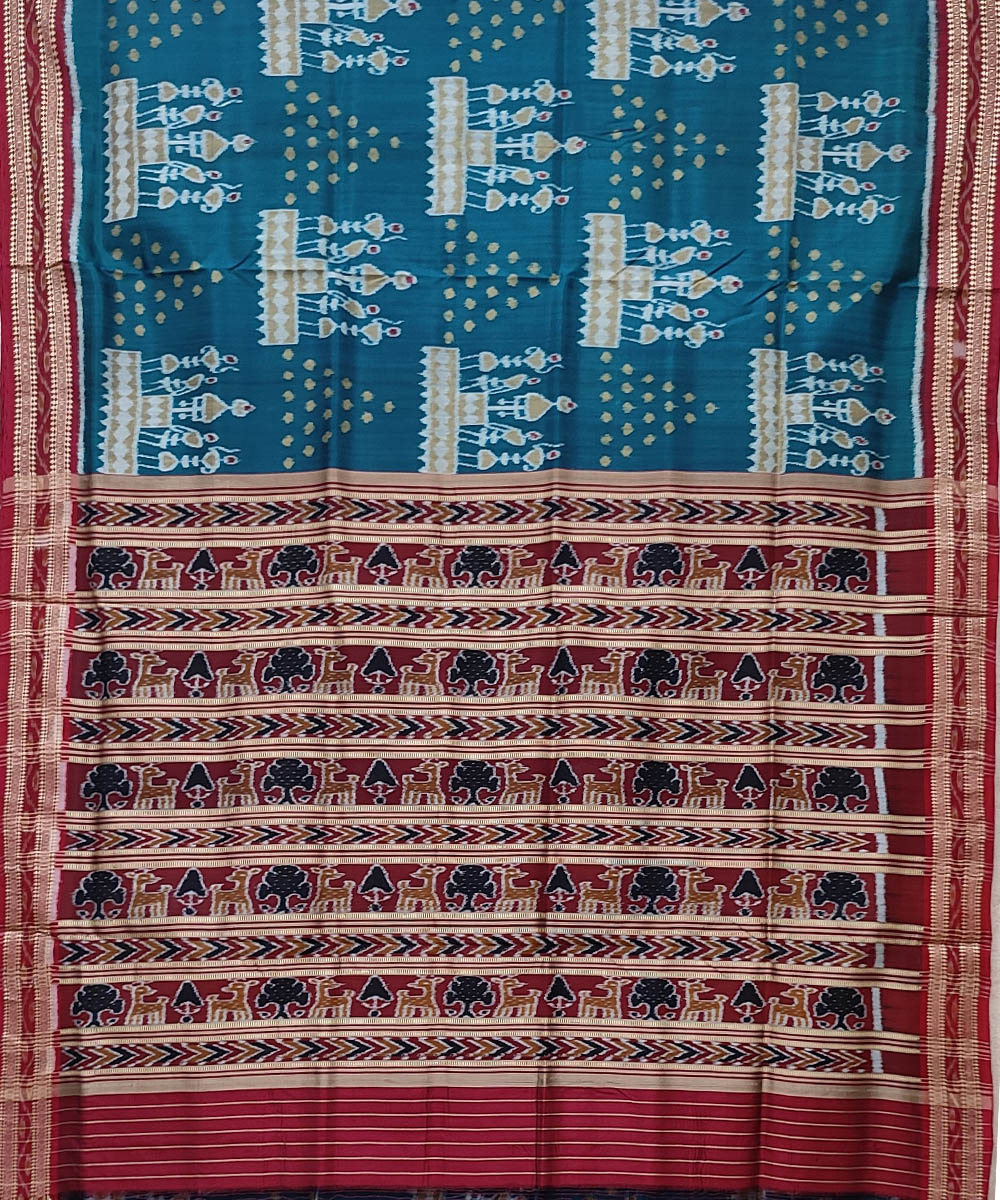 Cyan blue red handwoven khandua silk saree