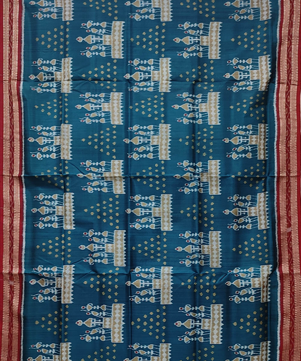 Cyan blue red handwoven khandua silk saree