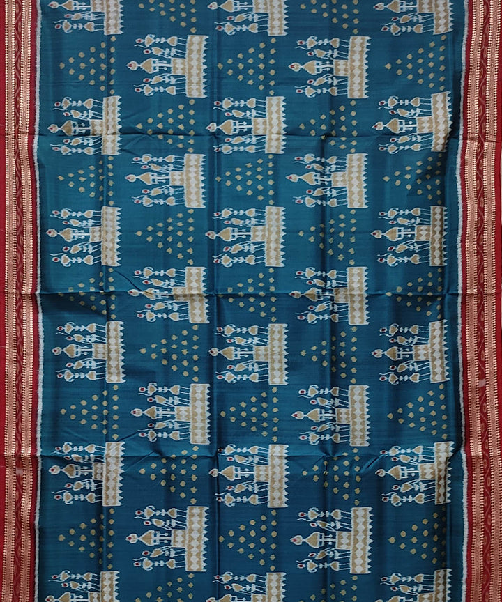 Cyan blue red handwoven khandua silk saree