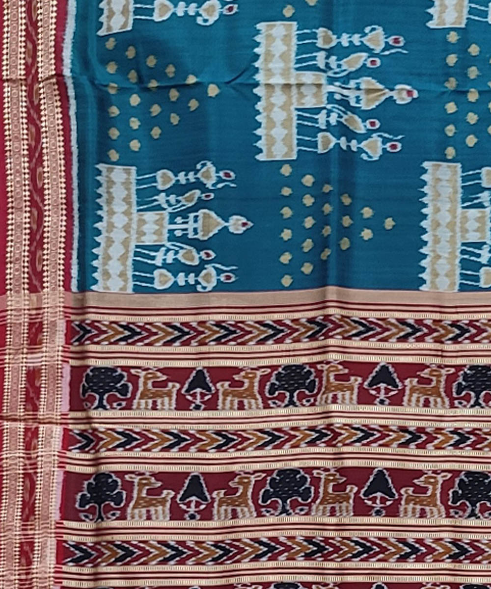 Cyan blue red handwoven khandua silk saree