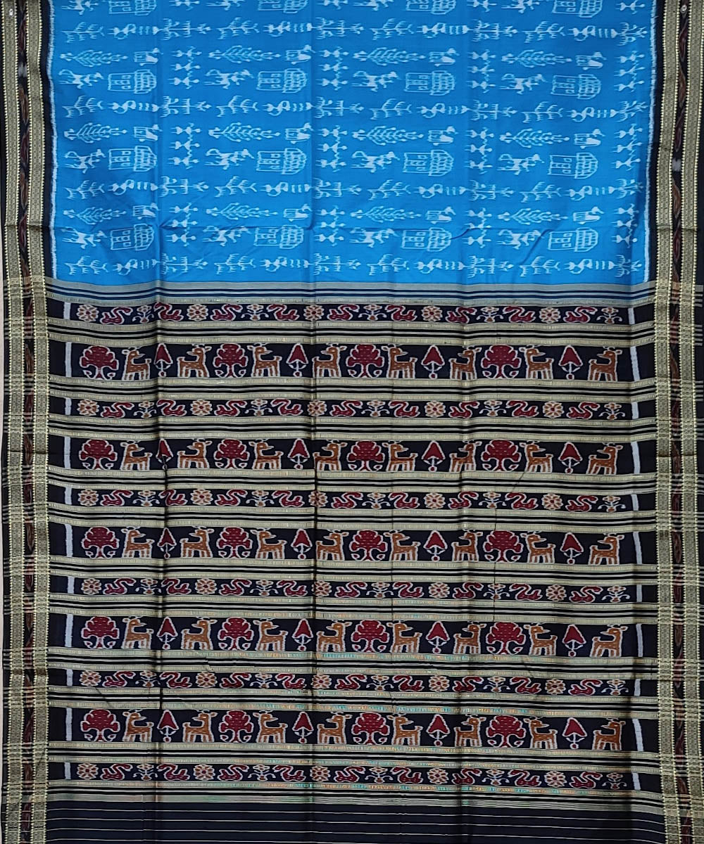 Light blue black hand woven khandua silk saree