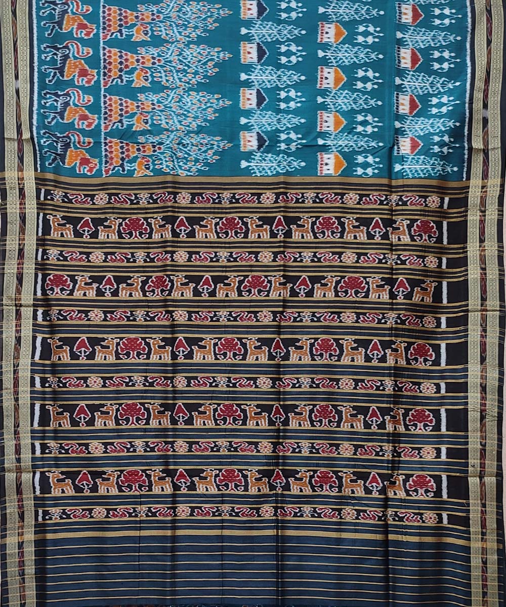 Sky blue black handwoven khandua silk saree