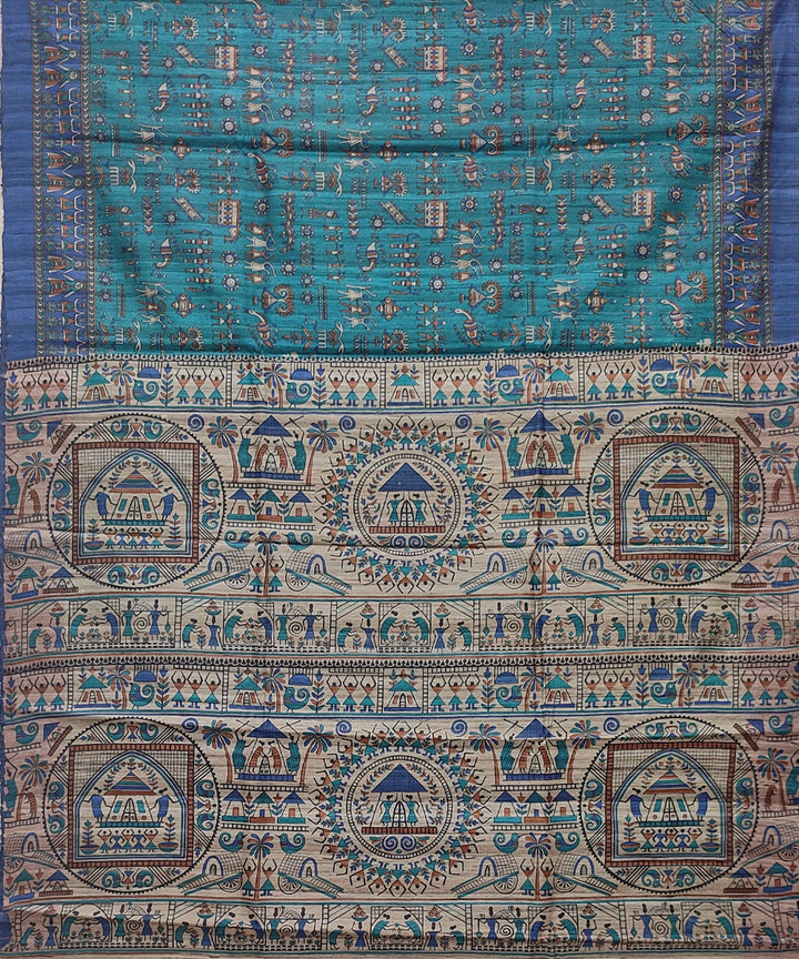 Navy blue cream handwoven block print tussar silk saree