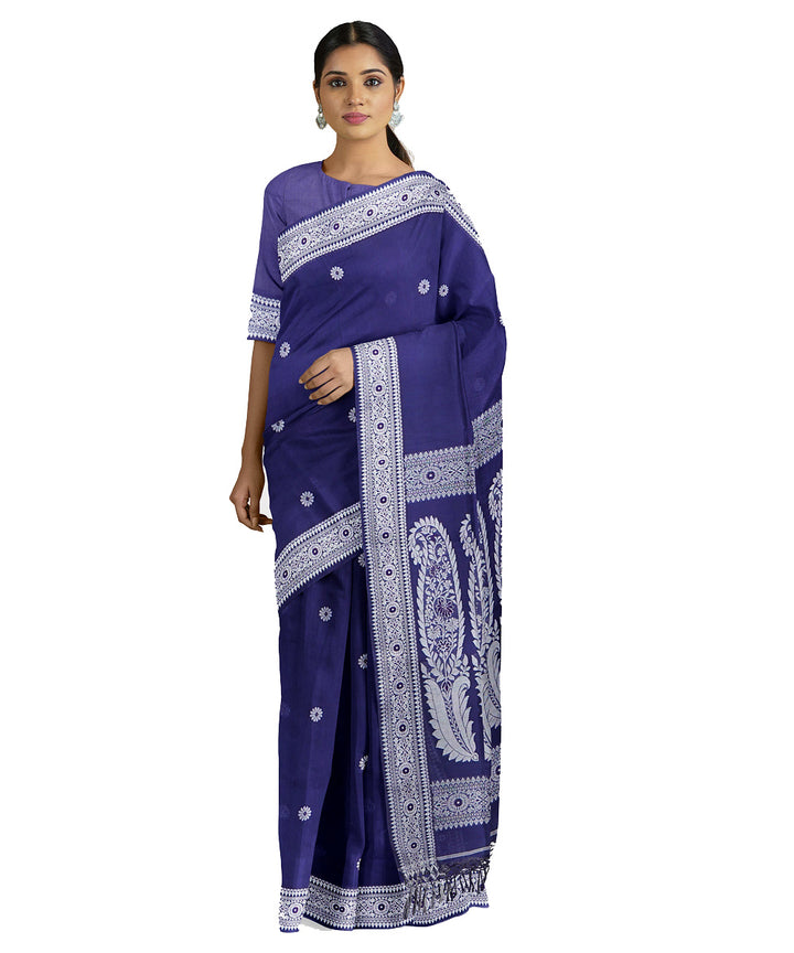 Tantuja navy blue white handwoven tangail cotton sari