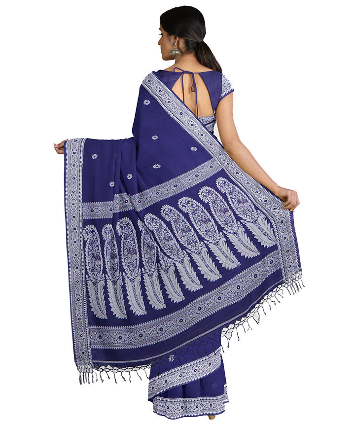 Tantuja navy blue white handwoven tangail cotton sari