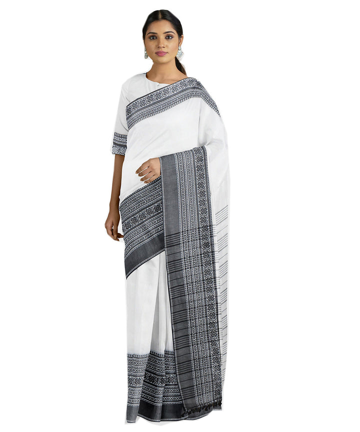 Tantuja white dark grey handwoven tangail cotton sari