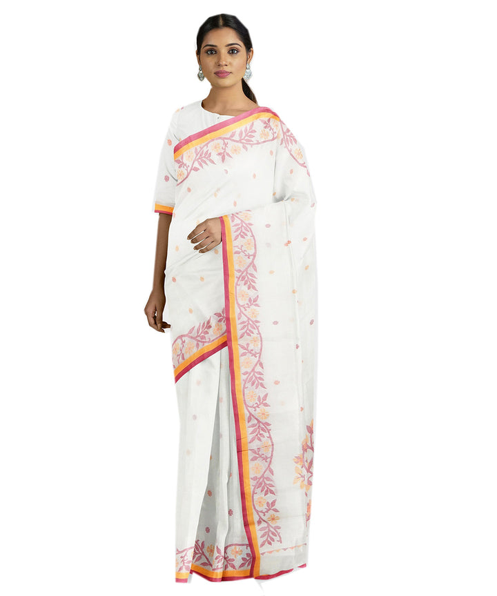 Tantuja white orange handwoven tangail cotton sari