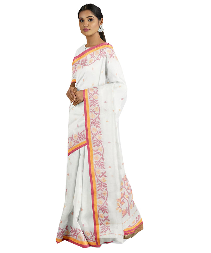 Tantuja white orange handwoven tangail cotton sari