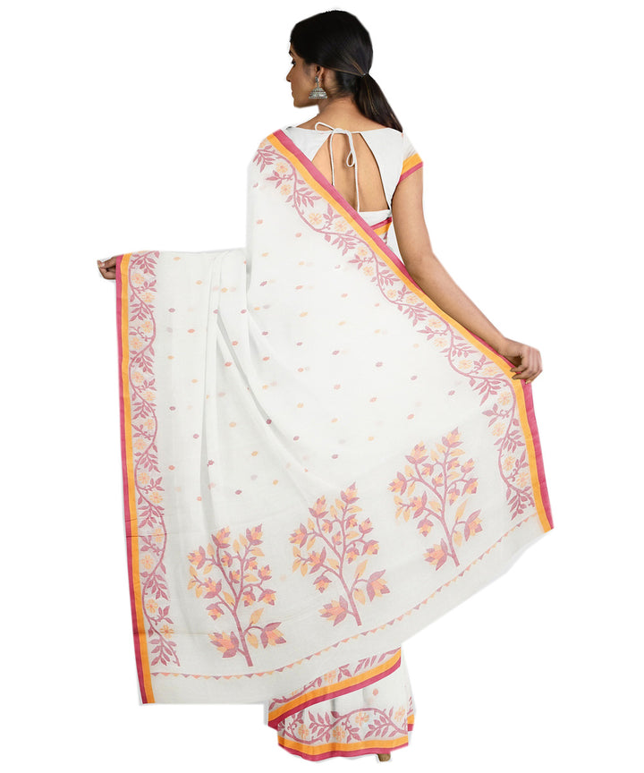 Tantuja white orange handwoven tangail cotton sari