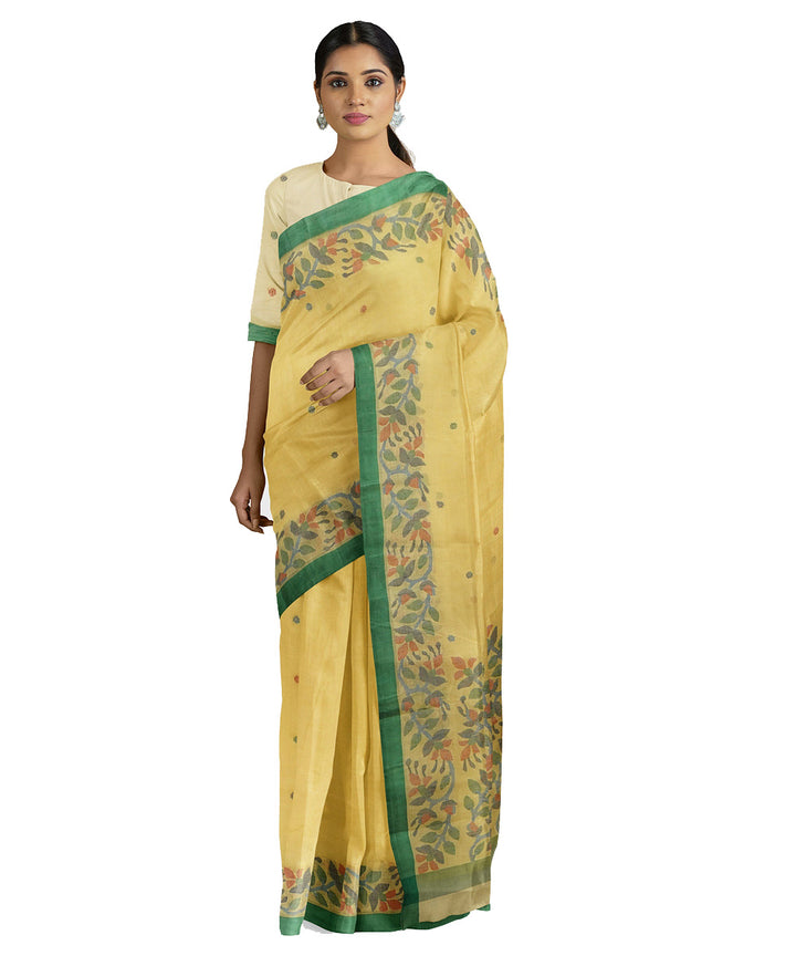 Tantuja yellow green handwoven tangail cotton sari