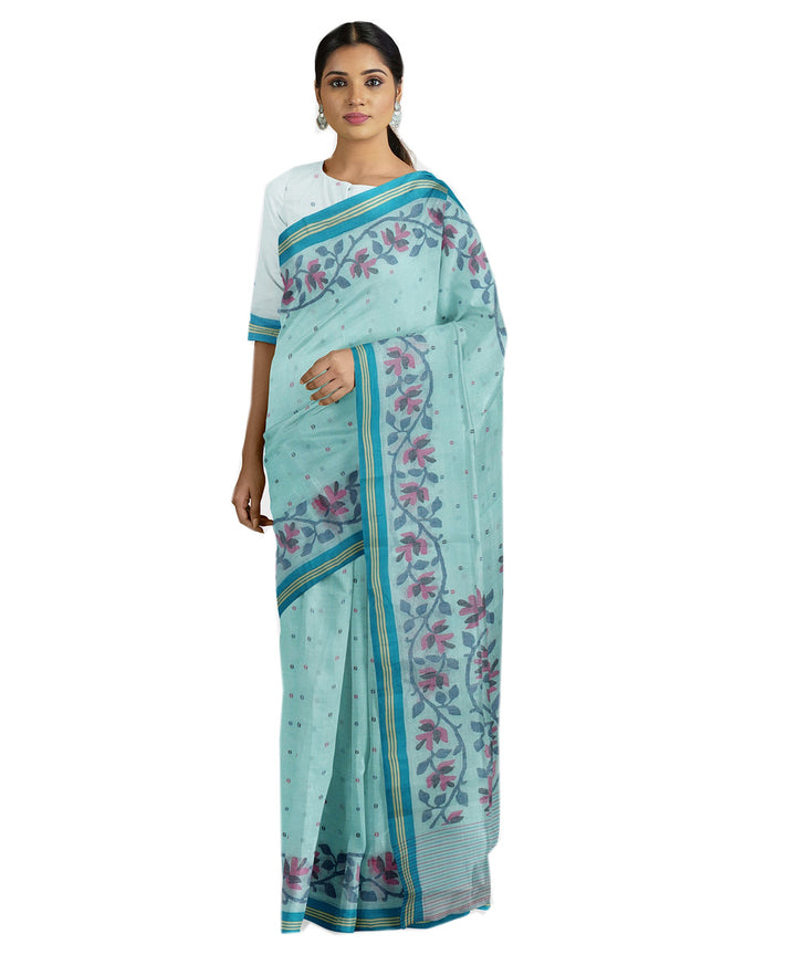 Tantuja cyan blue handwoven tangail cotton sari