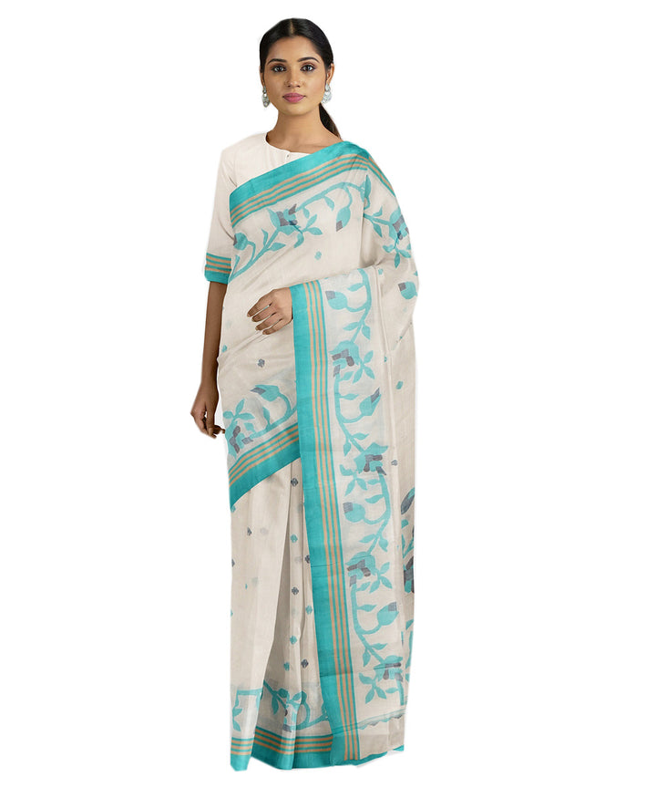 Tantuja off white green handwoven tangail cotton sari