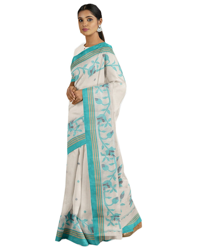 Tantuja off white green handwoven tangail cotton sari