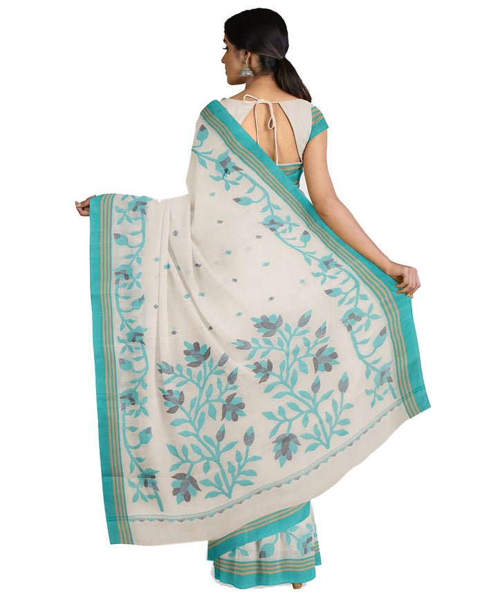 Tantuja off white green handwoven tangail cotton sari