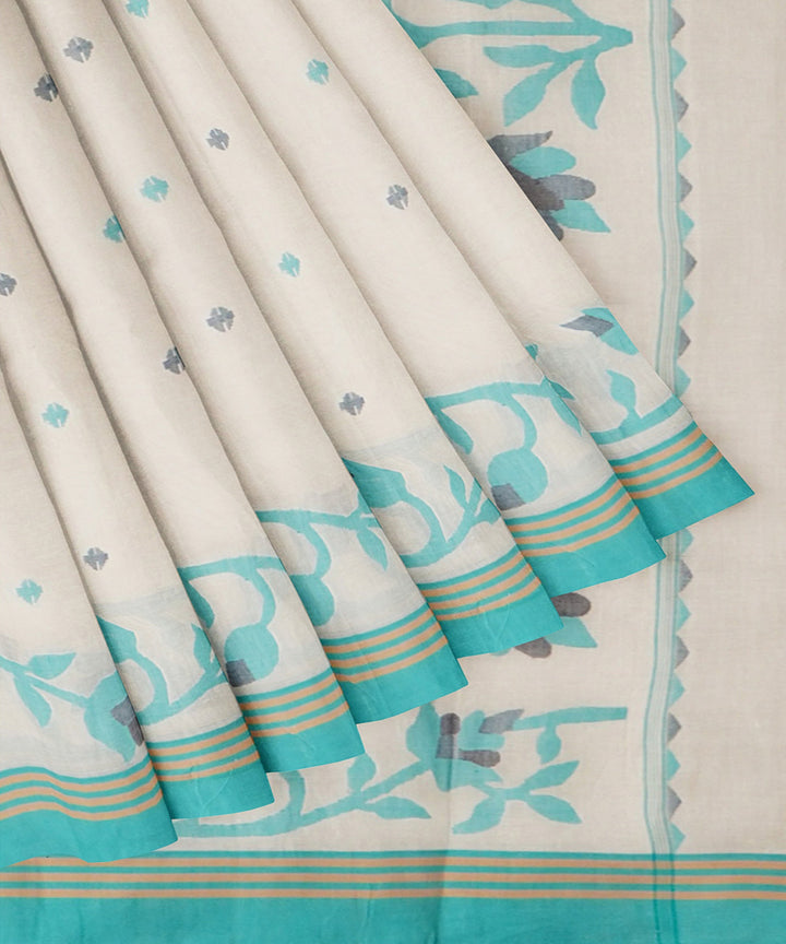 Tantuja off white green handwoven tangail cotton sari
