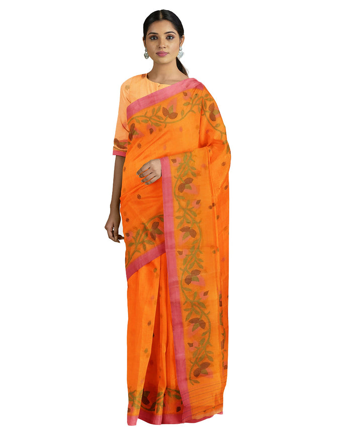 Tantuja orange handwoven tangail cotton sari