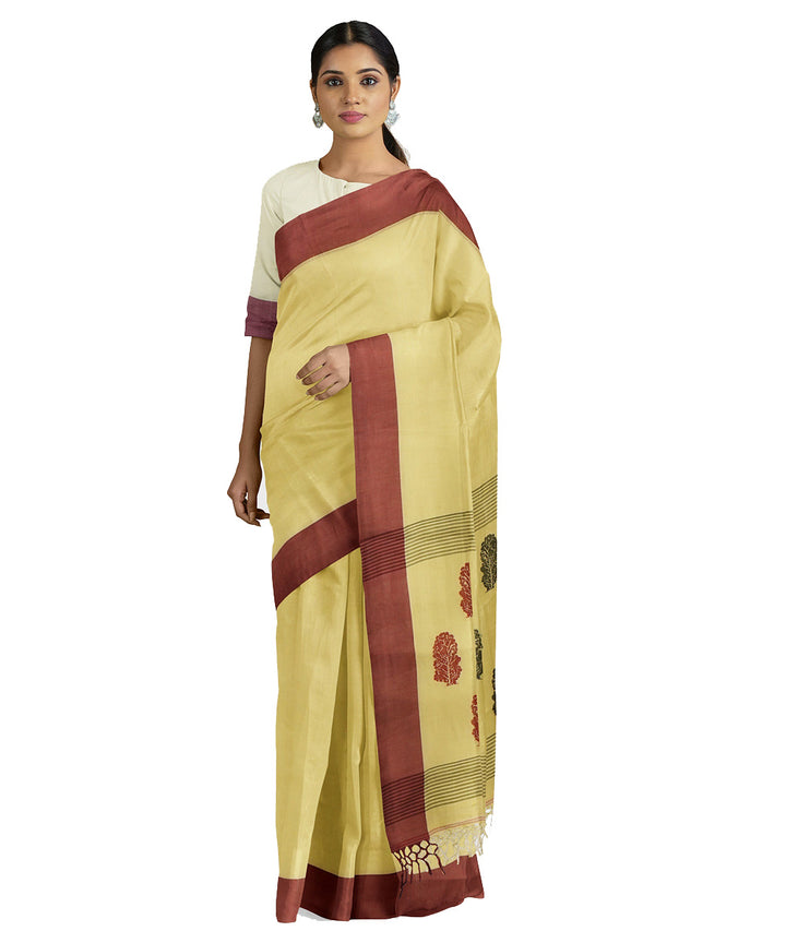 Tantuja light yellow maroon handwoven tangail cotton sari