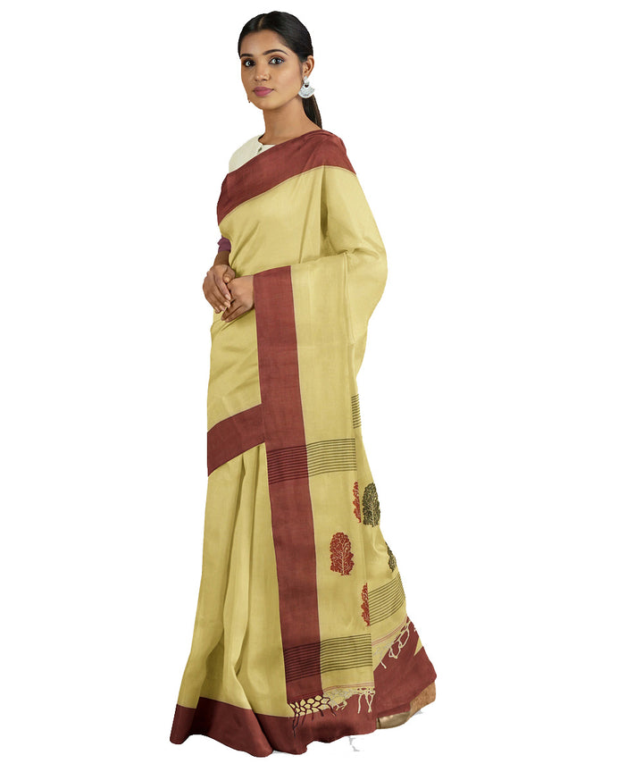 Tantuja light yellow maroon handwoven tangail cotton sari