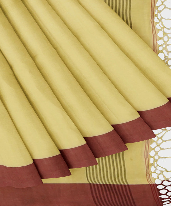 Tantuja light yellow maroon handwoven tangail cotton sari