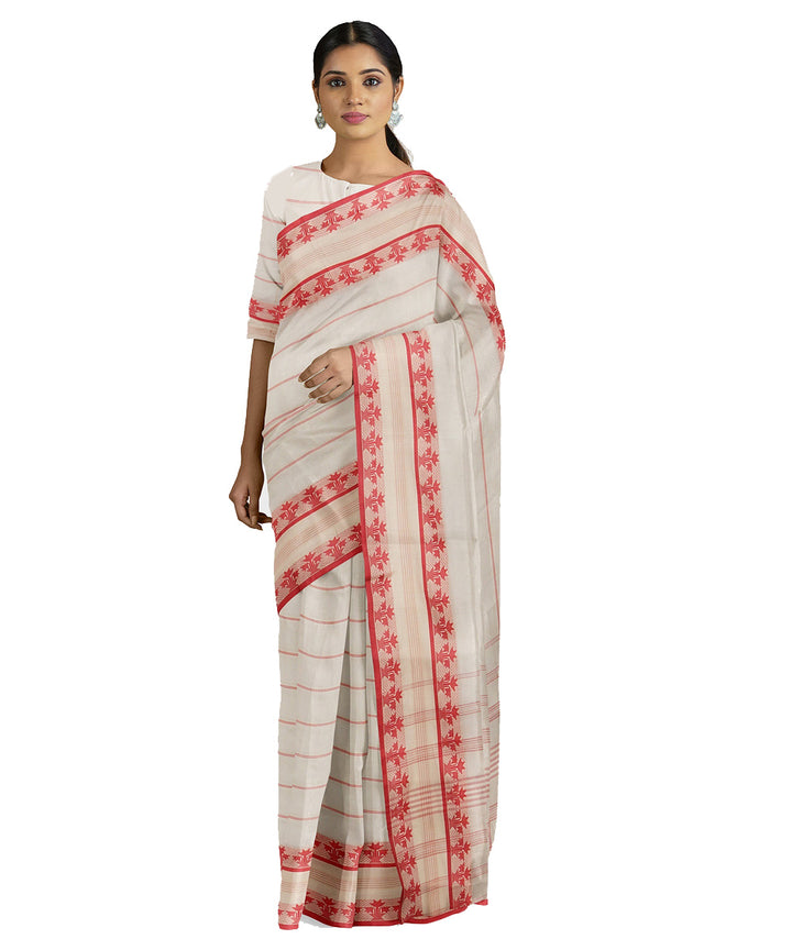 Tantuja light grey red handwoven shantipuri cotton sari