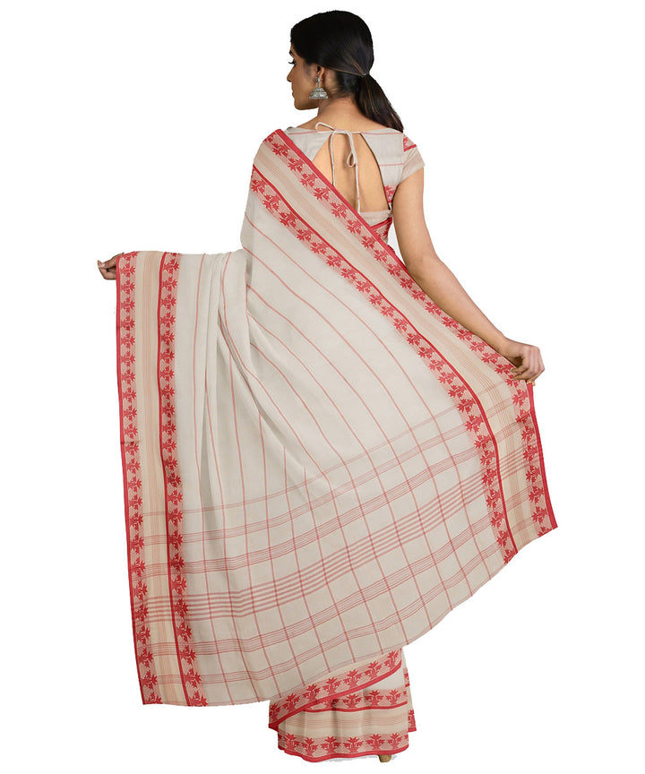 Tantuja light grey red handwoven shantipuri cotton sari