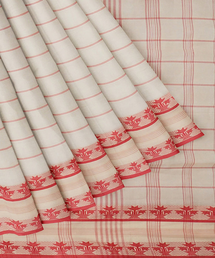 Tantuja light grey red handwoven shantipuri cotton sari