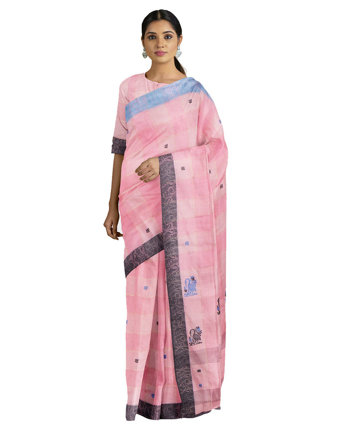 Tantuja pink blue handwoven shantipuri cotton sari