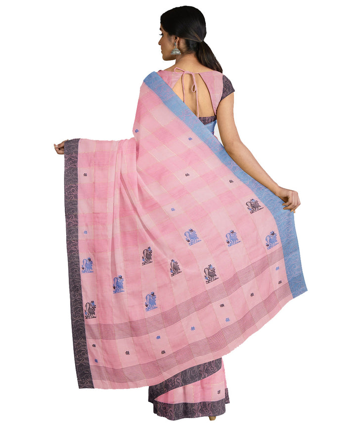 Tantuja pink blue handwoven shantipuri cotton sari