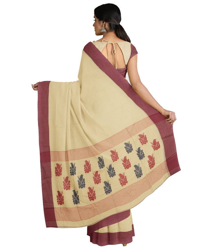 Tantuja cream maroon handwoven shantipuri cotton sari