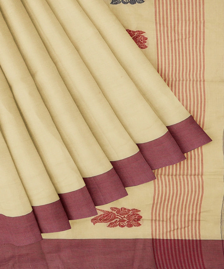 Tantuja cream maroon handwoven shantipuri cotton sari