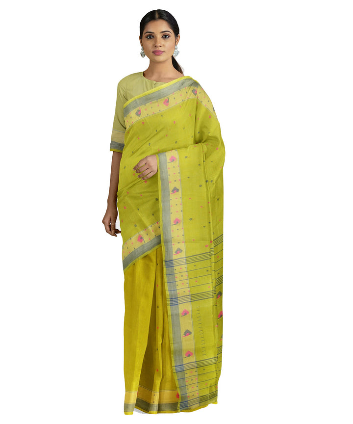 Tantuja olive green handwoven shantipuri cotton sari